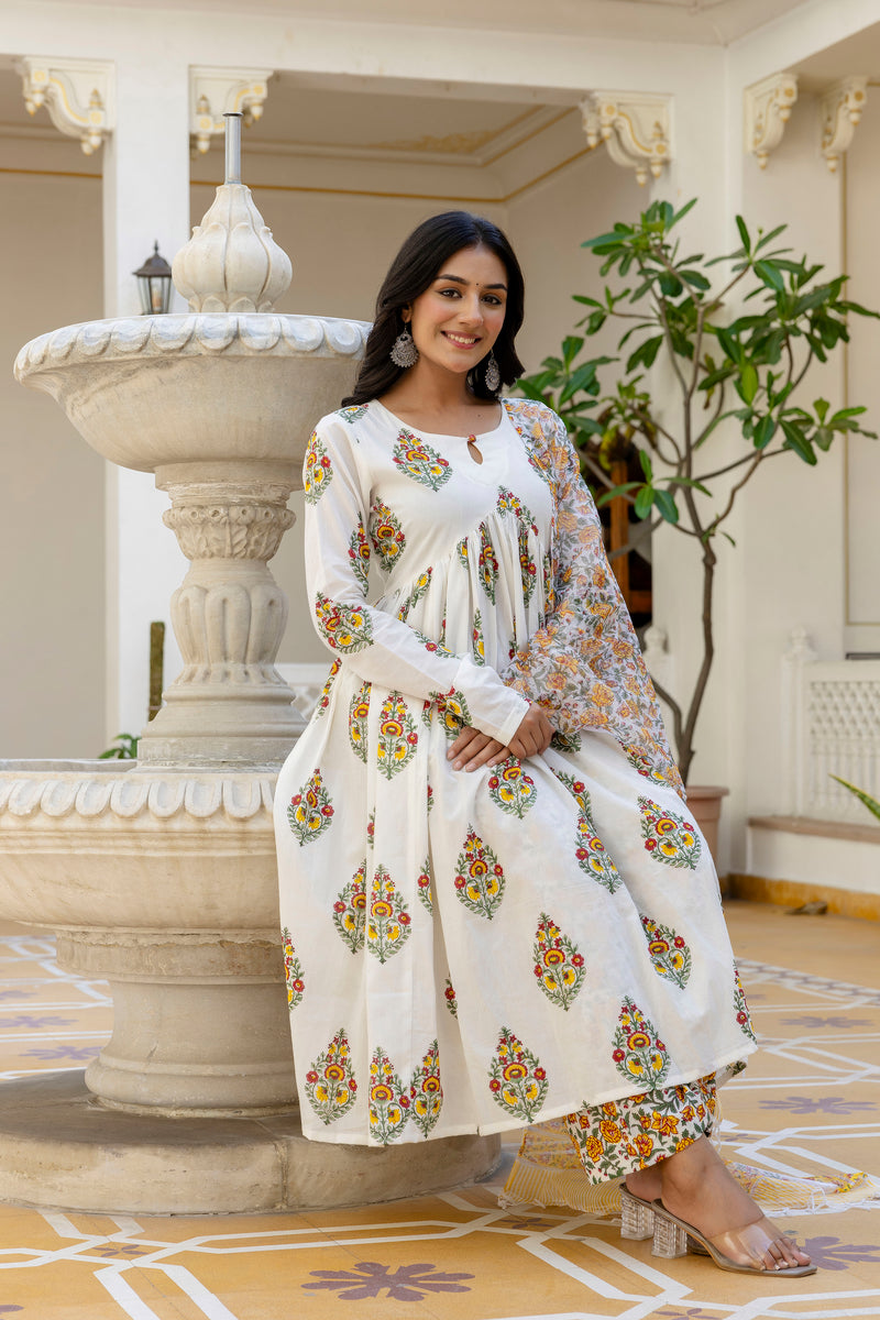 Basanti phool yellow handblock printed anarkali cotton suit set with kota doria dupatta