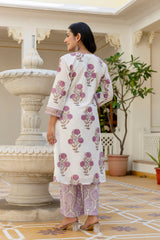Phulwari grace lavender handblock printed lace detailing cotton suit set with kota doria dupatta