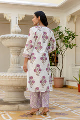 Phulwari grace lavender handblock printed lace detailing cotton suit set with kota doria dupatta (PLUS SIZE)