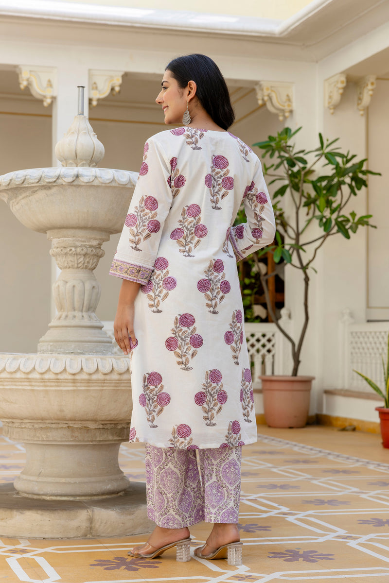 Phulwari grace lavender handblock printed lace detailing cotton suit set with kota doria dupatta