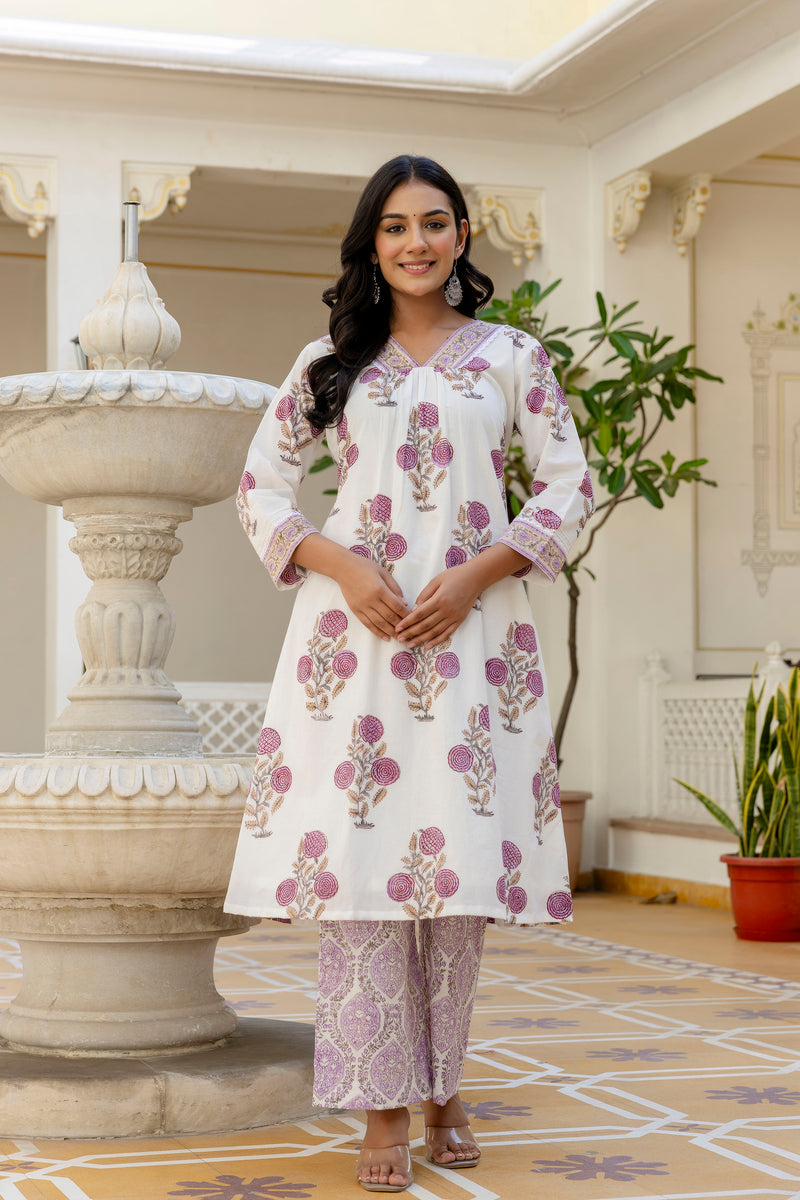 Phulwari grace lavender handblock printed lace detailing cotton suit set with kota doria dupatta