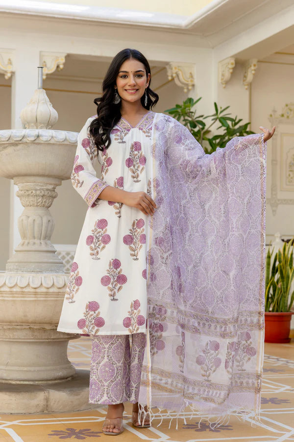 Phulwari grace lavender handblock printed lace detailing cotton suit set with kota doria dupatta (PLUS SIZE)