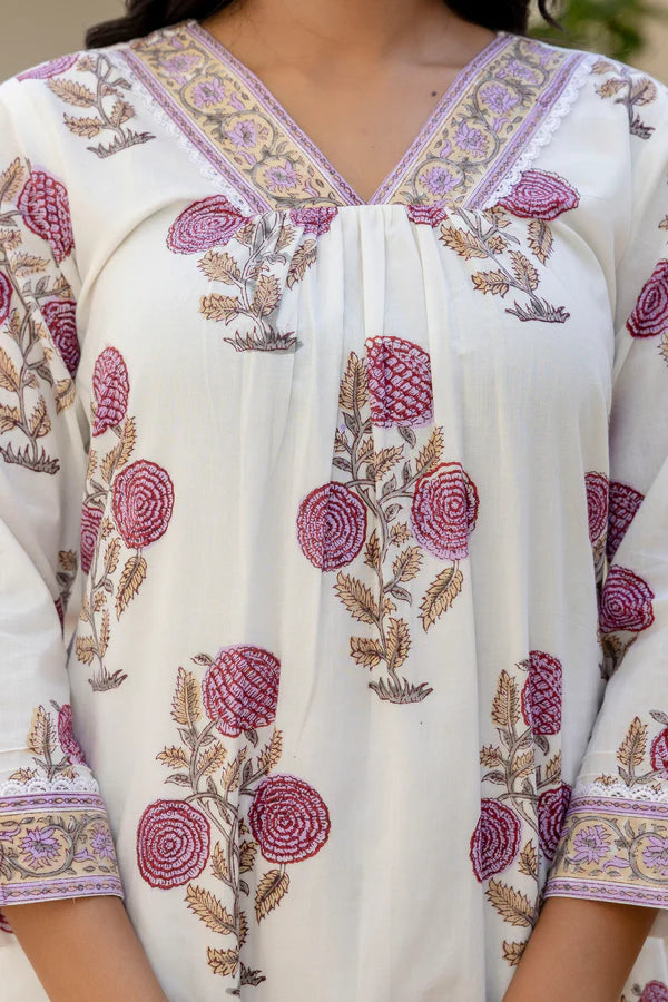 Phulwari grace lavender handblock printed lace detailing cotton suit set with kota doria dupatta (PLUS SIZE)