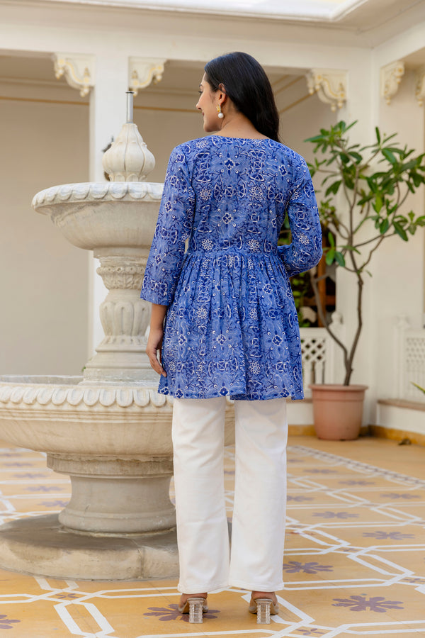 Chandni blue handblock printed short cotton kurta