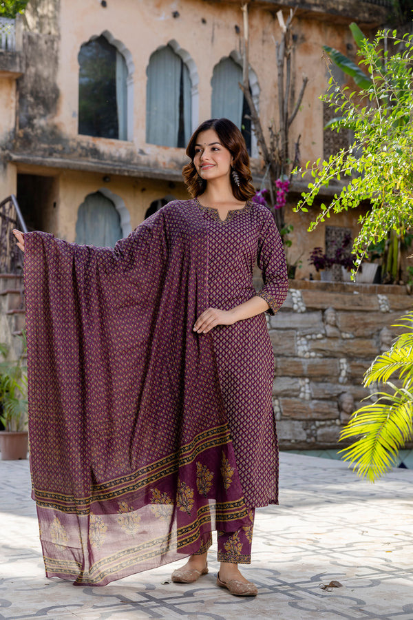 Phool Purple Handblock Printed Cotton Suit Set(Plus size)