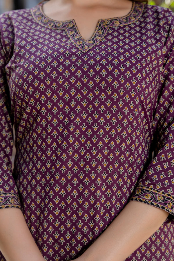 Phool Purple Handblock Printed Cotton Suit Set(Plus size)