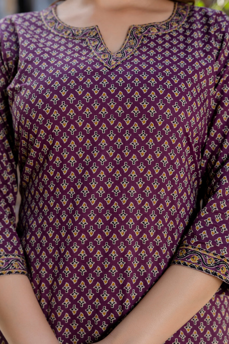 Phool Purple Handblock Printed Cotton Suit Set(Plus size)