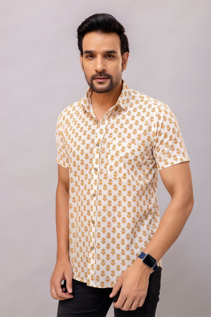 Aaron Mustard Printed Cotton Men’s Shirt