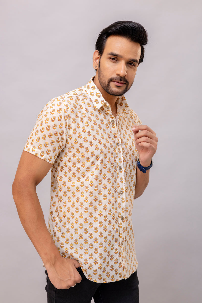 Aaron Mustard Printed Cotton Men’s Shirt