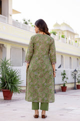 Gulnaar Olive Paisley Cotton Suit Set with Mul Dupatta