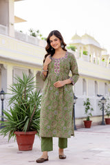 Gulnaar Olive Paisley Cotton Suit Set with Mul Dupatta