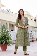 Gulnaar Olive Paisley Cotton Suit Set with Mul Dupatta