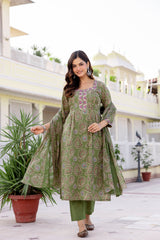 Gulnaar Olive Paisley Cotton Suit Set with Mul Dupatta