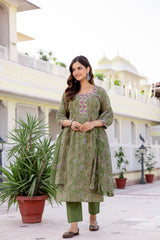 Gulnaar Olive Paisley Cotton Suit Set with Mul Dupatta
