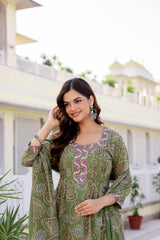 Gulnaar Olive Paisley Cotton Suit Set with Mul Dupatta