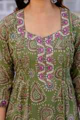 Gulnaar Olive Paisley Cotton Suit Set with Mul Dupatta