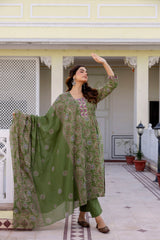 Gulnaar Olive Paisley Cotton Suit Set with Mul Dupatta