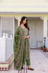 Gulnaar Olive Paisley Cotton Suit Set with Mul Dupatta