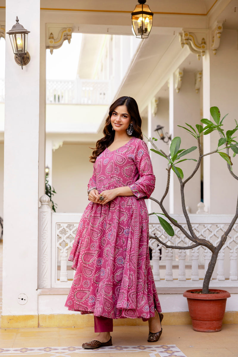 flared anarkali dress Mauve Floral Printed V-Neck Empire Line Anarkali Kurta Embellished With  Fabric Buttons, Full Sleeves, Flared Hem – Varanga main image 1