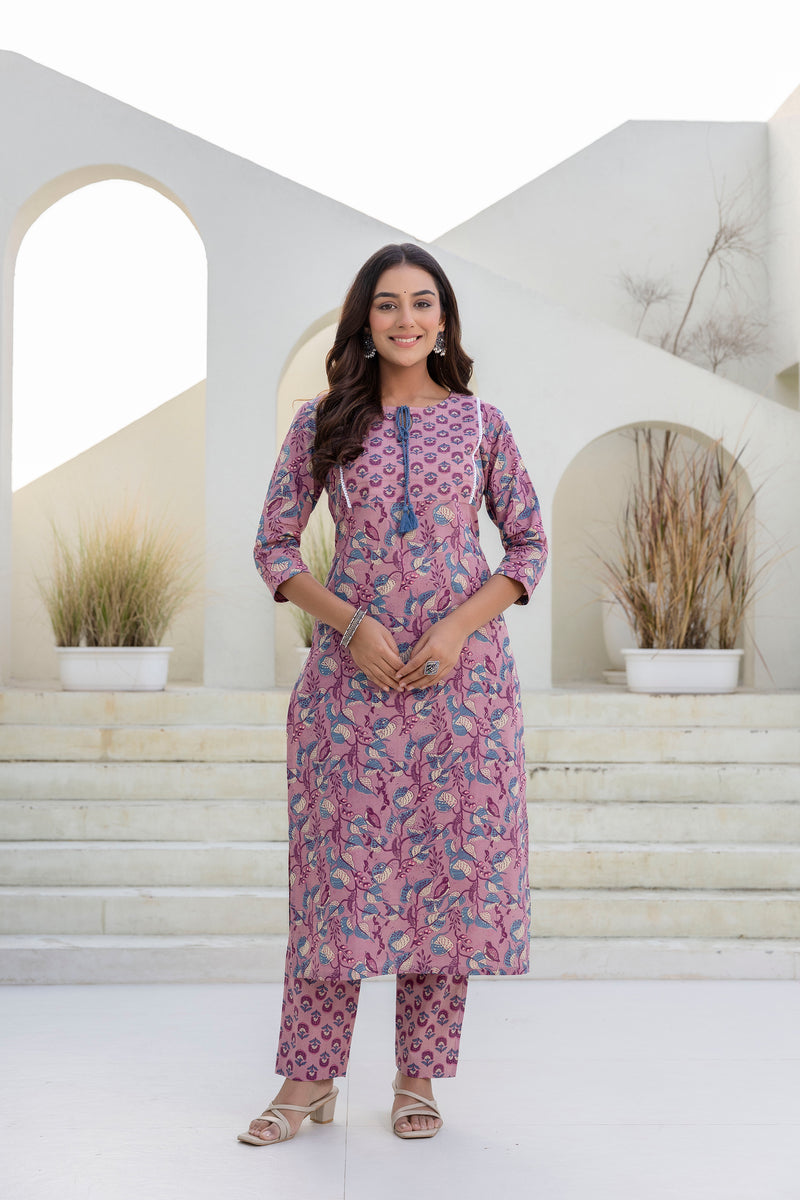 Farhana Pink Printed Cotton Suit Set With Chiffon Dupatta