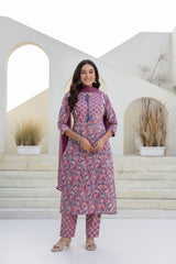 Farhana Pink Printed Cotton Suit Set With Chiffon Dupatta