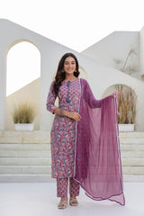 Farhana Pink Printed Cotton Suit Set With Chiffon Dupatta