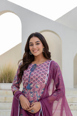 Farhana Pink Printed Cotton Suit Set With Chiffon Dupatta