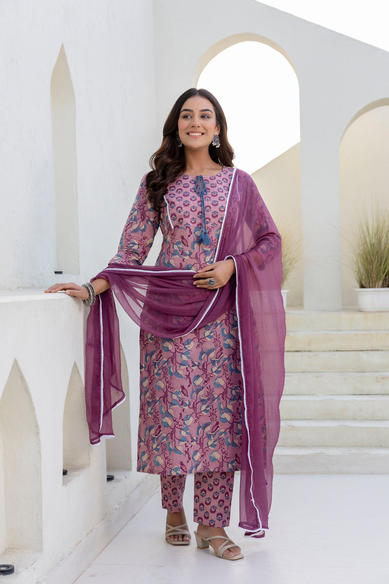 Farhana Pink Printed Cotton Suit Set With Chiffon Dupatta