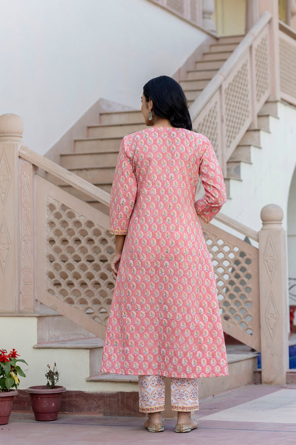 Sugna Peach Handblock Printed Cotton Kurta Pant Set