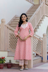 Sugna Peach Handblock Printed Cotton Suit Set With Dupatta