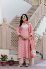 Sugna Peach Handblock Printed Cotton Suit Set With Dupatta
