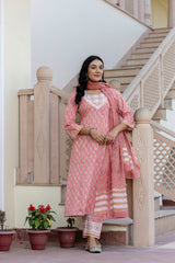 Sugna Peach Handblock Printed Cotton Suit Set With Dupatta