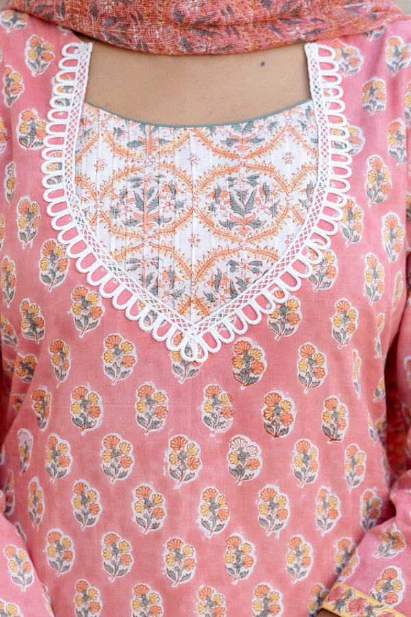 Sugna Peach Handblock Printed Cotton Suit Set With Dupatta