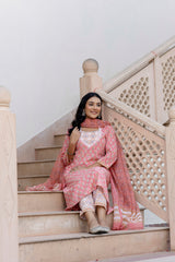 Sugna Peach Handblock Printed Cotton Suit Set With Dupatta