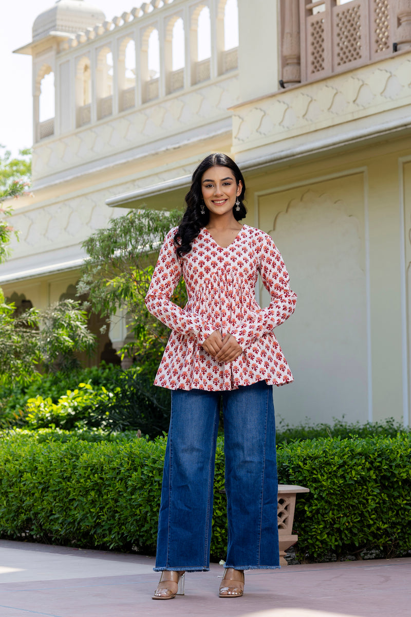 Rosso Peach Handblock Printed Short Kurta