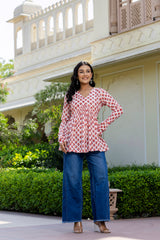 Rosso Peach Handblock Printed Short Kurta