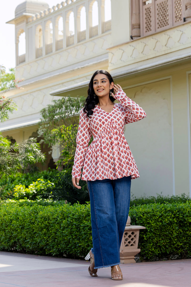 Rosso Peach Handblock Printed Short Kurta