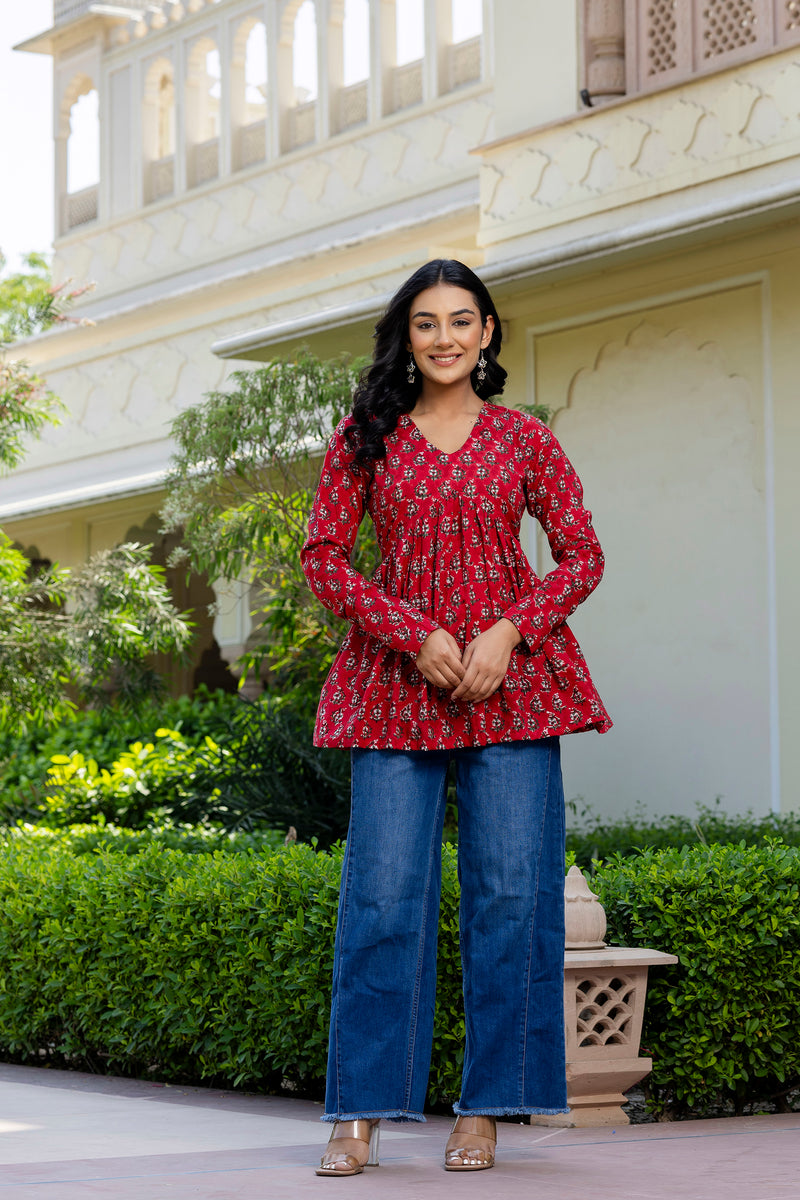 Rosso Red  Handblock Printed Short Kurta