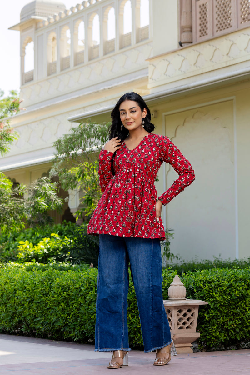 Rosso Red  Handblock Printed Short Kurta