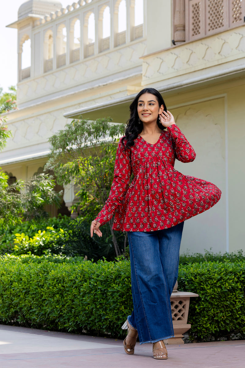 Rosso Red  Handblock Printed Short Kurta