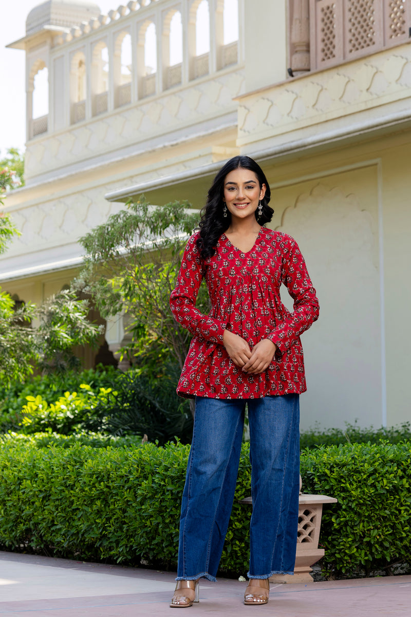 Rosso Red  Handblock Printed Short Kurta
