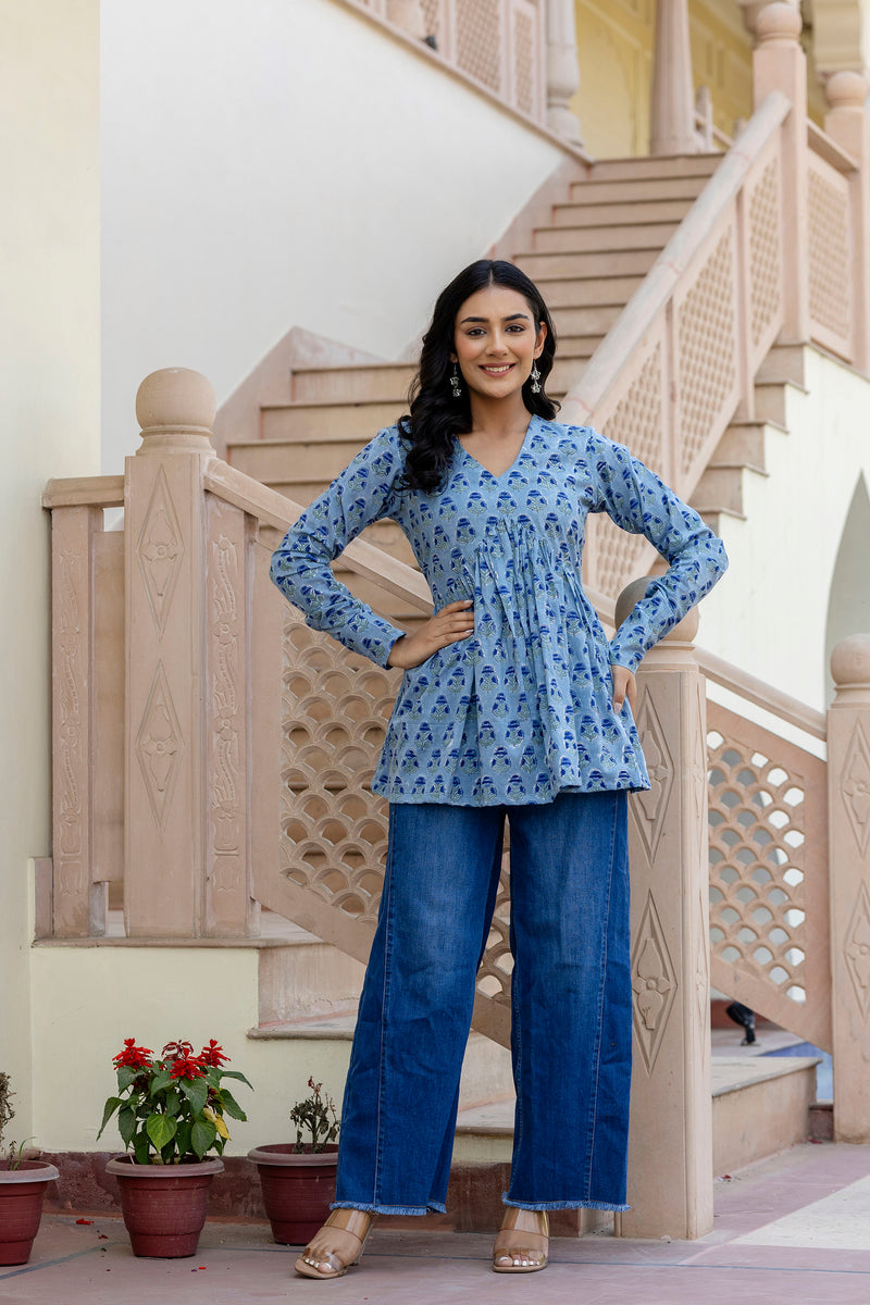 Rosso Blue Handblock Printed Short Kurta
