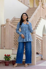 Rosso Blue Handblock Printed Short Kurta