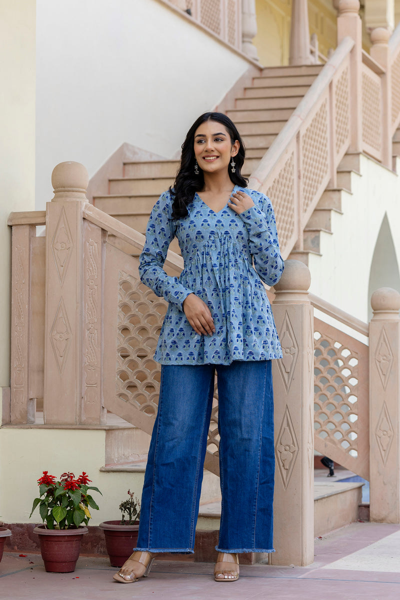 Rosso Blue Handblock Printed Short Kurta
