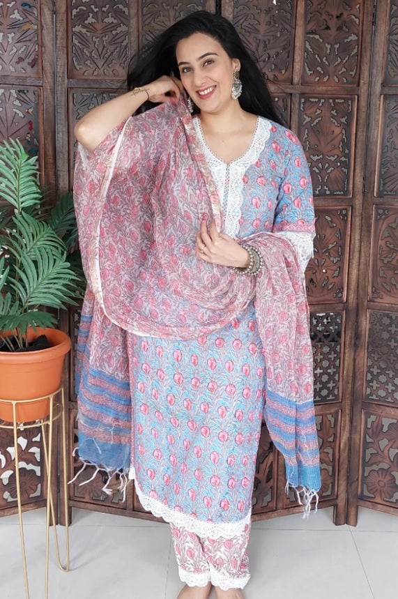 Roses in Pink Lace Detail Handblock Kurta With Pant Only