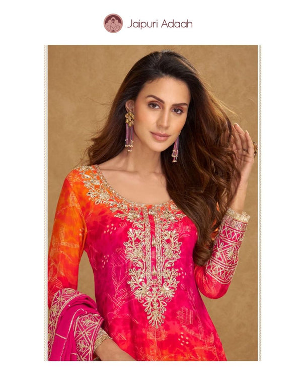 Roma orange suit set chinon silk with embroidered ribbon gota work with embroidered dupatta