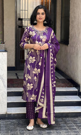 Sunheri Bloom purple Floral Printed Cotton Suit Set