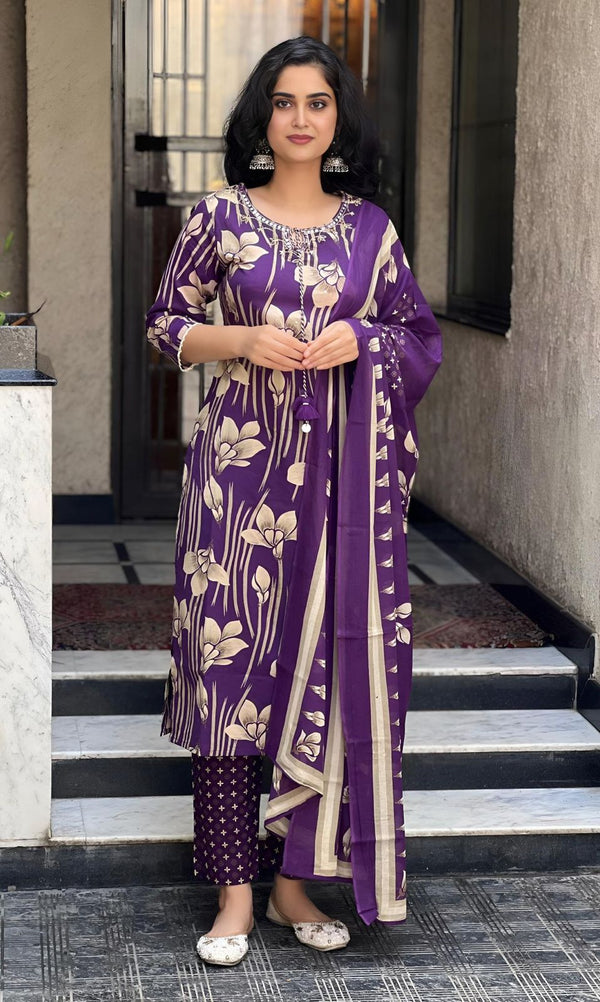 Sunheri Bloom purple Floral Printed Cotton Suit Set