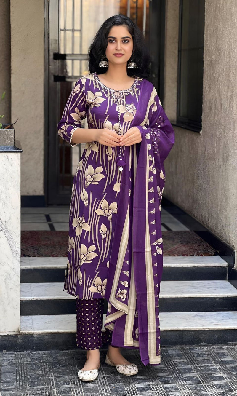 Sunheri Bloom purple Floral Printed Cotton Suit Set