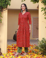 Razia Red Handblock Cotton Pleated Straight Kurta